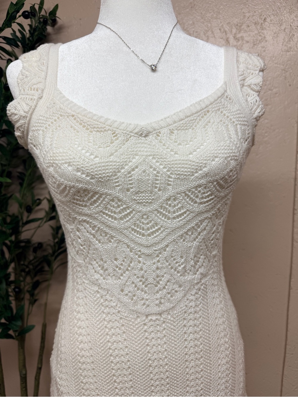Freshman Cream Knit Midi Dress with Textured Lace Pattern